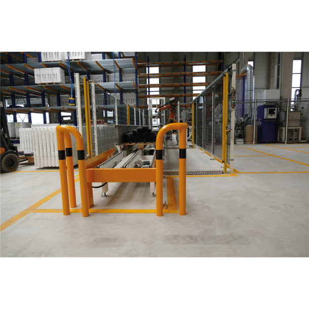 Anti-nudge hoop 90 | equal-sided | steel tube  76 mm | yellow / black | total width: 350 mm | height above ground: 1150 mm | to be fixed by plugs